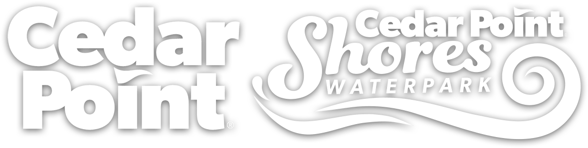 Cedar Point & Cedar Point Shores Waterpark logo in white with transparent background representing one of Gage's favorite activities when he's not working at My967.net, a radio station that service Delaware County Ohio with local news, sports, weather, information and the hits of the 70's, 80's and more!